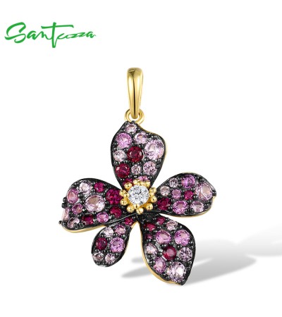 SANTUZZA 925 Sterling Silver Pendant Created Ruby Pink Flower White Cubic Zirconia Jewelry