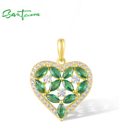 SANTUZZA 925 Sterling Silver Pendant Sparkling White CZ Green Spinel Heart Jewelry