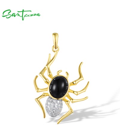SANTUZZA 925 Sterling Silver Pendant Black Agate White CZ Yellow Plated Spider Animal Fine Jewelry