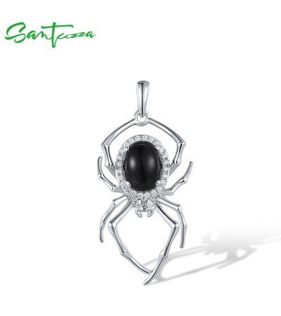 SANTUZZA 925 Sterling Silver Pendant Black Agate White Cubic Zirconia Spider Fine Jewelry