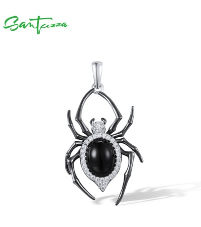 SANTUZZA 925 Sterling Silver Pendant White CZ Agate Black Plating Spider Animal Fine Jewelry