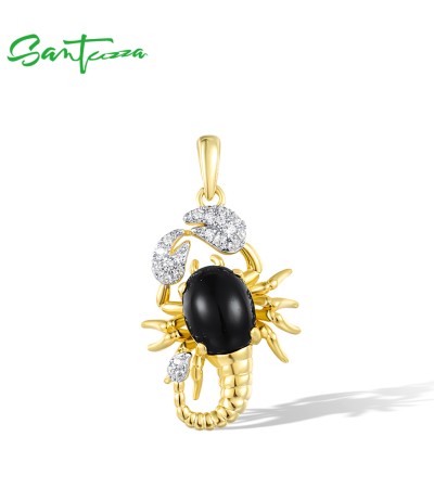 SANTUZZA 925 Sterling Silver Pendant White CZ Black Agate Gold Plating Crab Animal Fine Jewelry