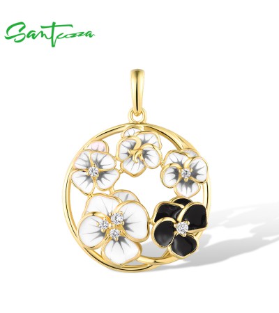 SANTUZZA 925 Silver Sterling Pendant White Cubic Zirconia Fantastic Colorful Flower Jewelry - White  Enamel