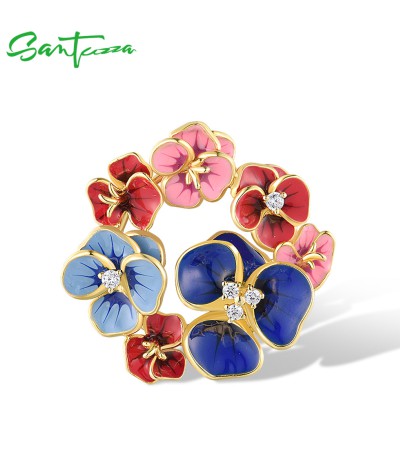 SANTUZZA 925 Silver Sterling Pendant White Cubic Zirconia Fantastic Colorful Flower Jewelry - Blue  Enamel