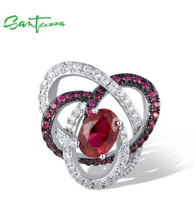 SANTUZZA 925 Sterling Silver Pendant Created Ruby White CZ Delicated Flower Jewelry