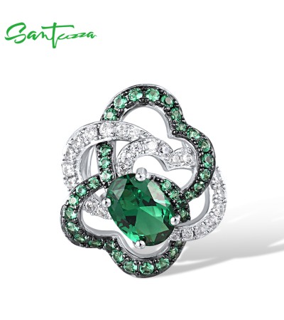 SANTUZZA 925 Sterling Silver Pendant Green Spinel White CZ Flower Jewelry