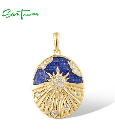 SANTUZZA 925 Sterling Silver Pendant White CZ Enamel Blue Sky&Sun Jewelry