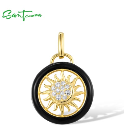 SANTUZZA 925 Sterling Silver Pendant White CZ Black Enamel Round Sun Jewelry