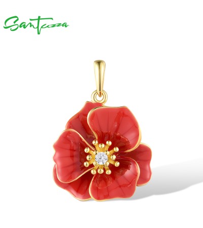 SANTUZZA 925 Sterling Silver Pendant  White CZ Red Enamel Flower Fashion Fine Jewelry
