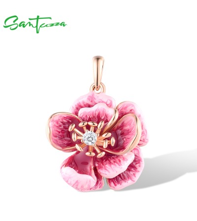 SANTUZZA 925 Sterling Silver Pendant White CZ Pink Enamel Flower Fine Jewelry