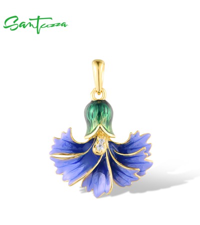 SANTUZZA 925 Sterling Silver Pendant White CZ Blue Enamel Flower Chic Fine Jewelry