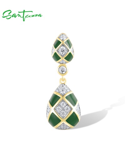 SANTUZZA 925 Sterling Silver Pendant White CZ Green Pear Grid Enamel Jewelry