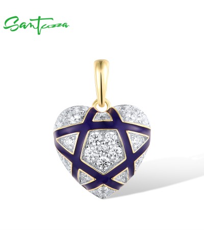 SANTUZZA 925 Sterling Silver Pendant White CZ Blue Heart Enamel Jewelry