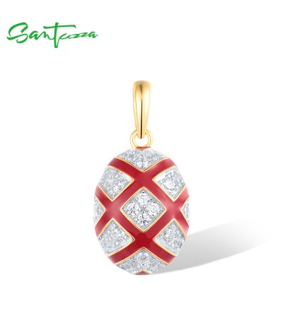 SANTUZZA 925 Sterling Silver Pendant White CZ Red Cross Oval Enamel Jewelry