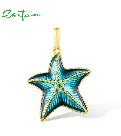 SANTUZZA 925 Sterling Silver Pendant Green Spinel Enamel Star Fish Summer New Jewelry