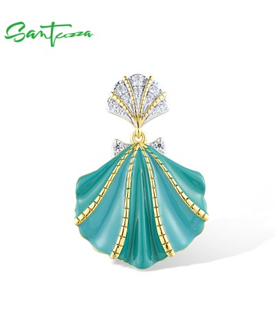 SANTUZZA 925 Sterling Silver Pendant White CZ Greenish Enamel Summer New Jewelry