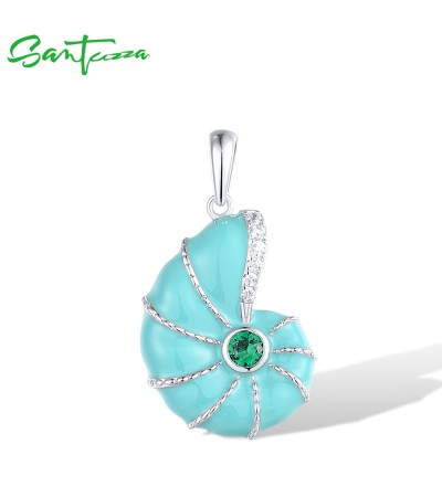 SANTUZZA 925 Sterling Silver Pendant Green Spinel Enamel Cute Sea Snail Summer New Jewelry