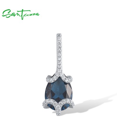 SANTUZZA Authentic 925 Sterling Silver Pendant for Women Blue Spinel White Cubic Zirconia Elegant Party Gifts Fine Jewelry
