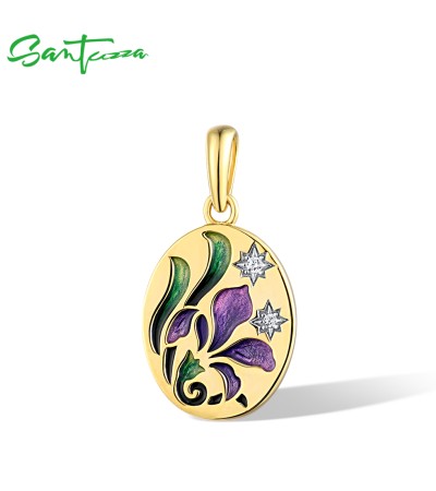 SANTUZZA 925 Sterling Silver Pendant White CZ Enamel Purple Flower Jewelry