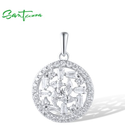 SANTUZZA 925 Sterling Silver Pendant Sparkling White CZ Exquisite Simple Round Jewelry