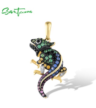 SANTUZZA Genuine 925 Sterling Silver Pendant for Women Sparkling Colorful Gems Lovely Chameleon Animal Elegant Fine Jewelry