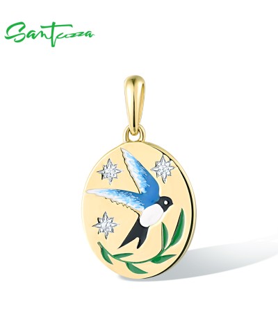 SANTUZZA 925 Sterling Silver Pendant Sparkling White CZ Enamel Blue Bird Jewelry
