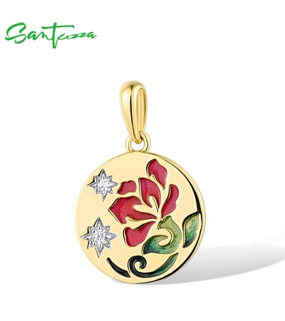 SANTUZZA 925 Sterling Silver Pendant White Enamel Red Flower Enamel Jewelry