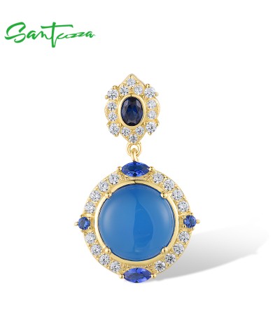 SANTUZZA 925 Sterling Silver Pendant White CZ Dyed Blue Agate Jewelry