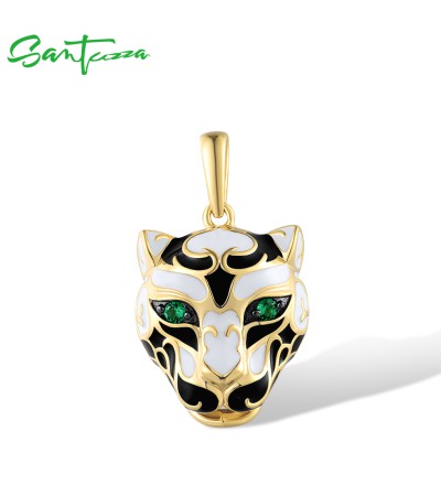 SANTUZZA 925 Sterling Silver Black&White Leopard Pendant Green Spinel Jewelry Enamel