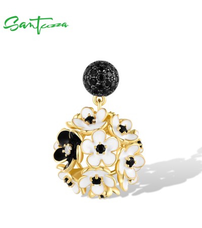 SANTUZZA 925 Sterling Silver Pendant White Black Hollow Cluster Flower Jewelry