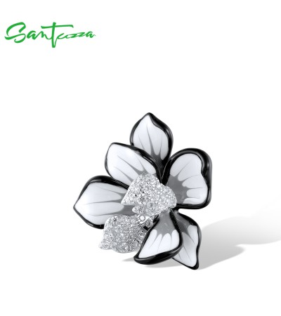 SANTUZZA 925 Sterling Silver Pendant Zircon White Enamel Flower Jewelry