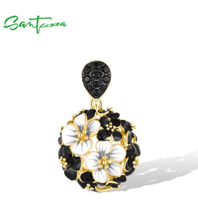 SANTUZZA 925 Sterling Silver Pendant White Black Cluster Enamel Flower Jewelry