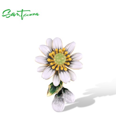 SANTUZZA 925 Sterling Silver Pendant Sparkling White Enamel Sun Flower Jewelry