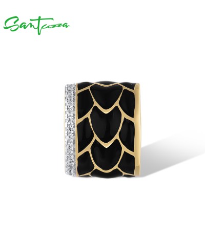 SANTUZZA Silver Pendant 925 Sterling Silver Yellow Plated Black Enamel Neutral Style Circle Jewelry