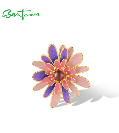 SANTUZZA 925 Sterling Silver Pendant Sparkling Purple & Pink Daisy Jewelry