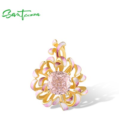 SANTUZZA 925 Sterling Silver Pendant Pink Cubic Zirconia Luminous Cornflower Enamel Jewelry