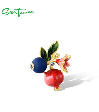 SANTUZZA 925 Sterling Silver Fruit Pendant Blueberries & Pomegranate Jewelry Enamel