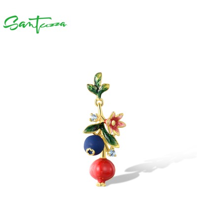 SANTUZZA 925 Sterling Silver Fruit Pendant Blueberries & Pomegranate Jewelry Enamel