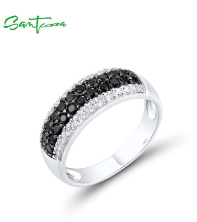 SANTUZZA 925 Sterling Silver Rings Black Spinel White Cubic Zirconia Band Ring Jewelry - US 9.5