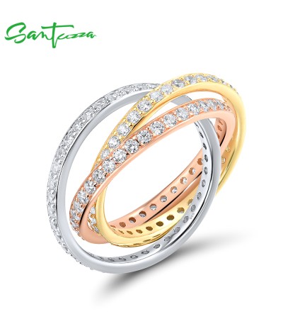 SANTUZZA 925 Sterling Silver Twisted Tricolor Ring White Cubic Zirconia Jewelry - US 7.5