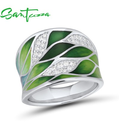 SANTUZZA Silver Rings 925 Sterling Silver Green Bamboo leaves Luminous CZ Jewelry Enamel - US 9.5