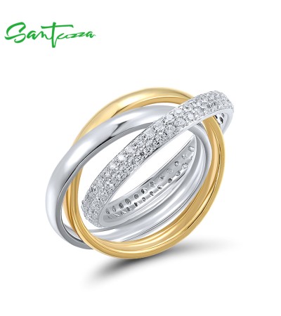 SANTUZZA 925 Sterling Silver Twisted Two Color Rings White Cubic Zirconia Jewelry - US 8