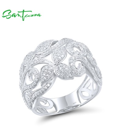 SANTUZZA 925 Sterling Silver Flower Rings White Cubic Zirconia Fine Jewelry - US 9