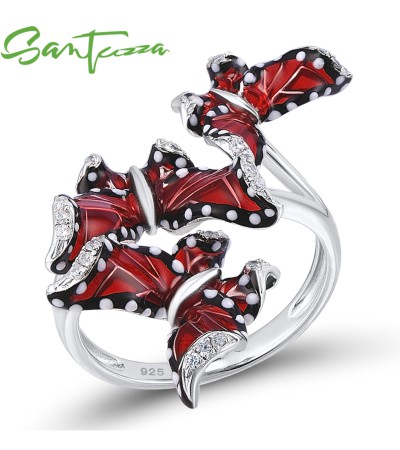 SANTUZZA 925 Sterling Silver Ring Handmade Enamel Red Butterflies Fine Jewelry - US 7.5