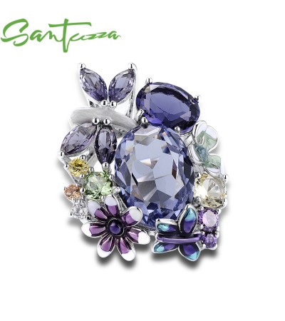 SANTUZZA 925 Sterling Silver Ring Sparkling Purple Butterfly Plant Jewelry - US 7