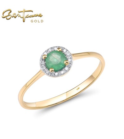 SANTUZZA 14K 585 Yellow/ Rose/ White Gold Ring Round Emerald/ Blue Sapphire/ Ruby/Topaz Diamond Chic Fine Jewelry - Emerald/Yellow Gold/US 8