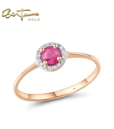 SANTUZZA 14K 585 Yellow/ Rose/ White Gold Ring Round Emerald/ Blue Sapphire/ Ruby/Topaz Diamond Chic Fine Jewelry - Ruby/Rose Gold/US 5.5