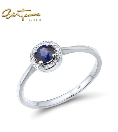 SANTUZZA 14K 585 Yellow/ Rose/ White Gold Ring Round Emerald/ Blue Sapphire/ Ruby/Topaz Diamond Chic Fine Jewelry - Blue Sapphire/White Gold/US 7.5