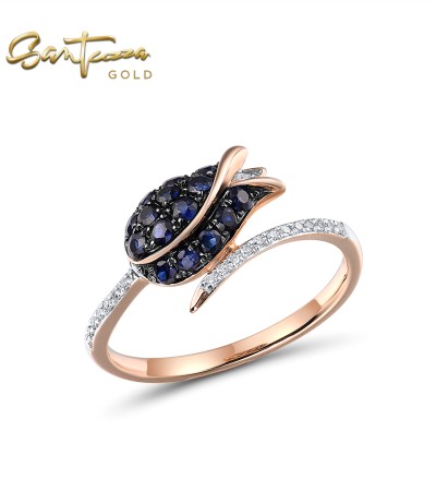 SANTUZZA 14K 585 Rose Gold Ring Diamond Sapphire Blue Tulip Fine Jewelry - US 5.5