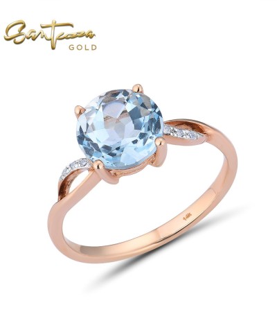 SANTUZZA 14K 585 Rose Gold Ring Diamond Round Sky Blue Topaz Fine Jewelry - US 7.5